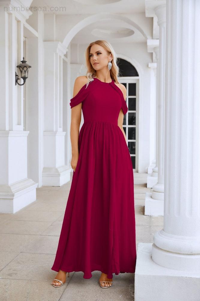 Ladies Chiffon Off Shoulder Swing Sleeve Front Slit Bridesmaid Evening Dress Wedding Party Evening Dress 28117-numbersea