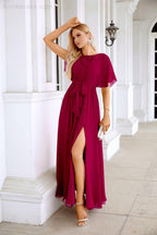 Ladies Chiffon Sleeve Crew Neck Front Slit Floor Length Bridesmaid Evening Dress Wedding Party Evening Dress 28124-numbersea