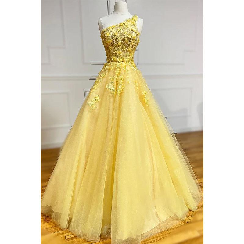 Vestido de fiesta amarillo único con apliques 3D y un solo hombro 