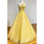Vestido de fiesta amarillo único con apliques 3D y un solo hombro 