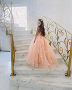 Vestido de princesa rosa para niña con apliques de encaje 