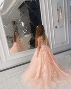 Vestido de princesa rosa para niña con apliques de encaje 