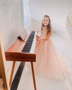 Vestido de princesa rosa para niña con apliques de encaje 
