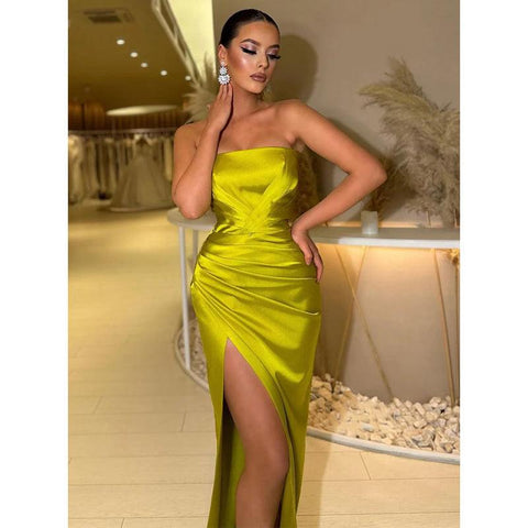 Sheath Strapless Satin Pleated Side Slit Long Prom Dress