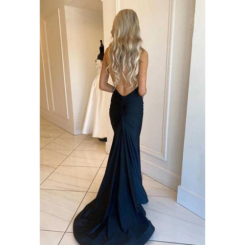 V-Neck Halter Backless Satin Long Prom Evening Dress With Sweep Train