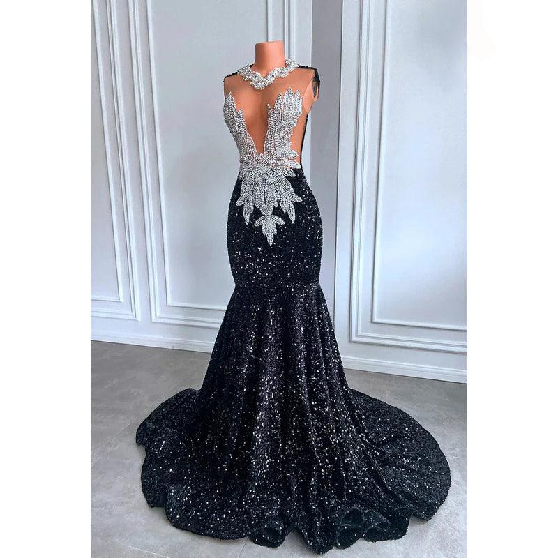Glamouröses und dramatisches Mermiad Abendkleid mit tiefem V-Ausschnitt, ärmellos und Pailletten