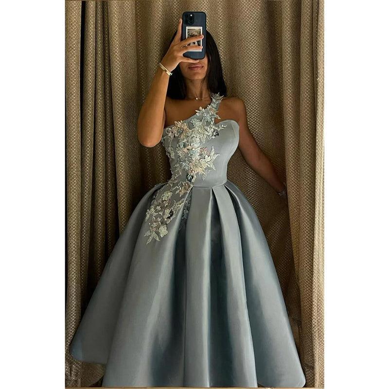 Vestido de fiesta vintage con apliques de un solo hombro único y dulce 