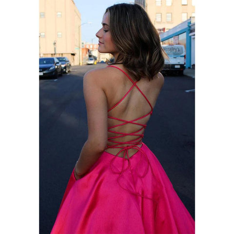 Plunging V-neck Pink Satin Senior Prom Dress with Pockets