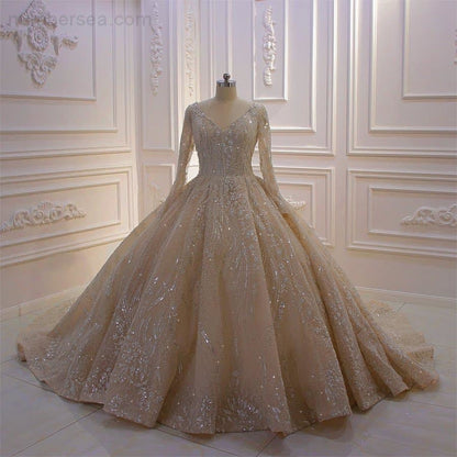 mariage Long Sleeve V-neck Low Back Champagne Wedding Dress NB451 - numbersea