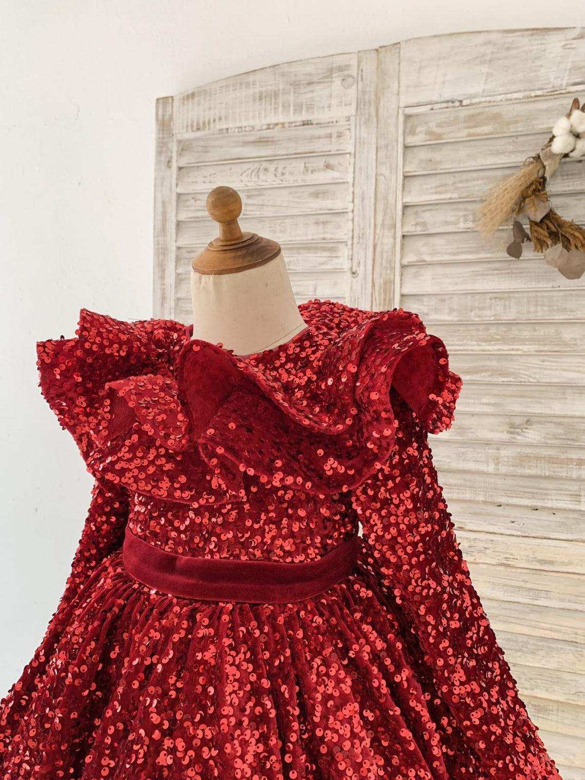 Vestido de niña burdeos hasta la rodilla de terciopelo con lentejuelas 