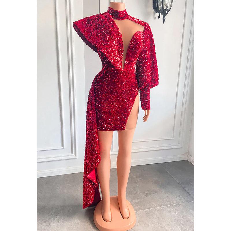 Vestido de fiesta de manga larga con lentejuelas y escote en V pronunciado 