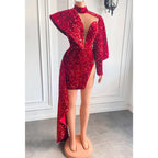 Vestido de fiesta de manga larga con lentejuelas y escote en V pronunciado 