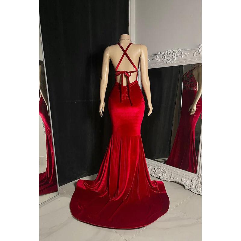 Vestido de fiesta tubo/columna con escote en V, apliques de satén, espalda descubierta y sin mangas
