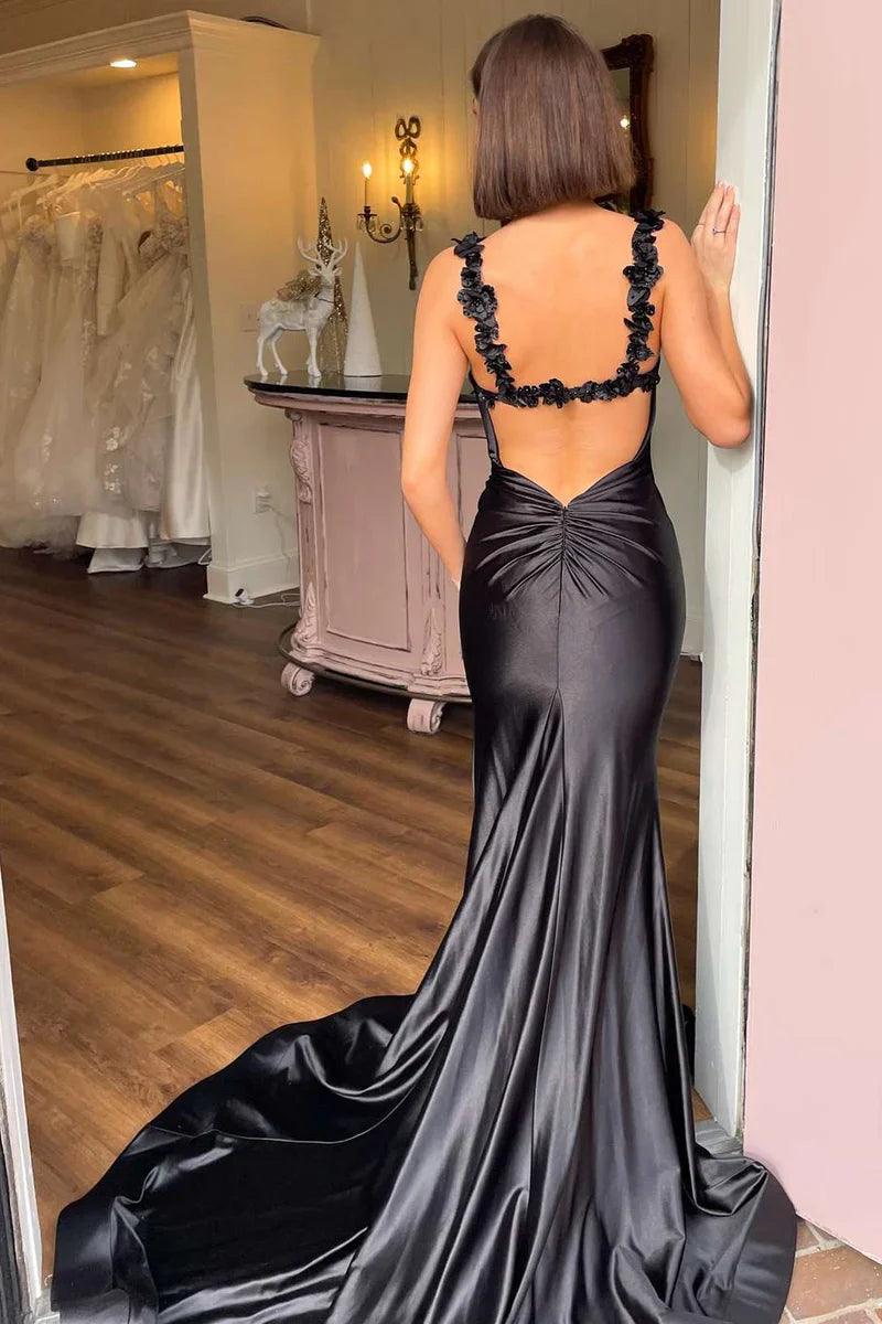 Vestido de fiesta negro con tirantes y estampado floral, corte sirena, largo