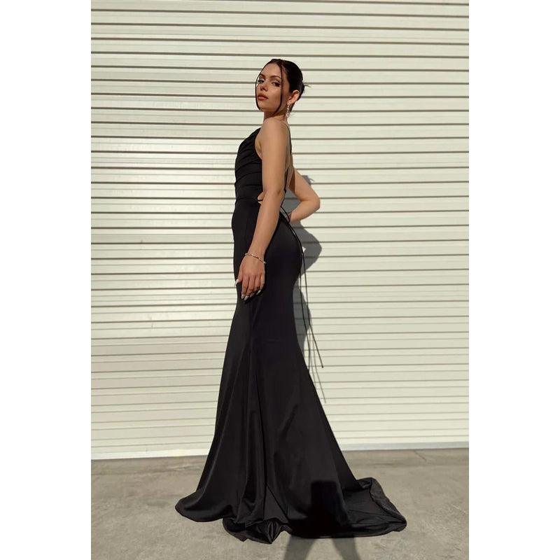Vestido de fiesta sin mangas con cordones y tirantes de trompeta/sirena de satén