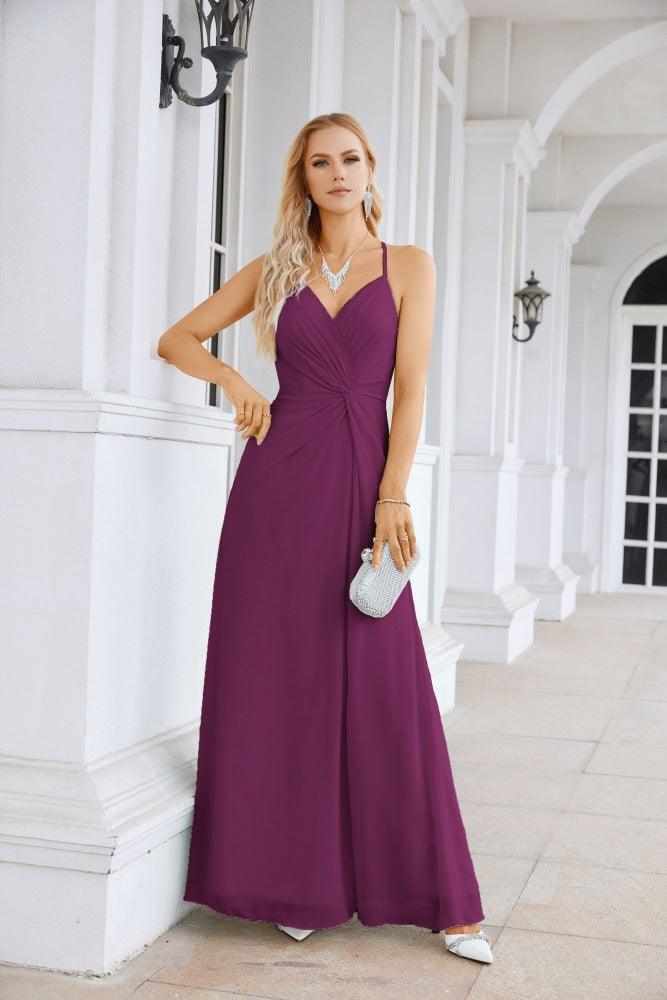 Ladies Chiffon Spaghetti Strap V Neck Front Slit Floor Length Bridesmaid Evening Dress Prom Party Wedding Evening Dress 28116-numbersea