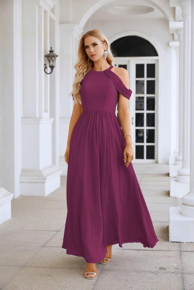 Ladies Chiffon Off Shoulder Swing Sleeve Front Slit Bridesmaid Evening Dress Wedding Party Evening Dress 28117-numbersea