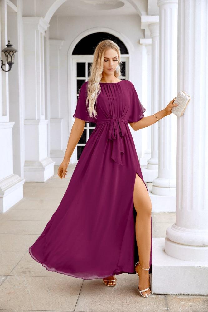 Ladies Chiffon Sleeve Crew Neck Front Slit Floor Length Bridesmaid Evening Dress Wedding Party Evening Dress 28124-numbersea