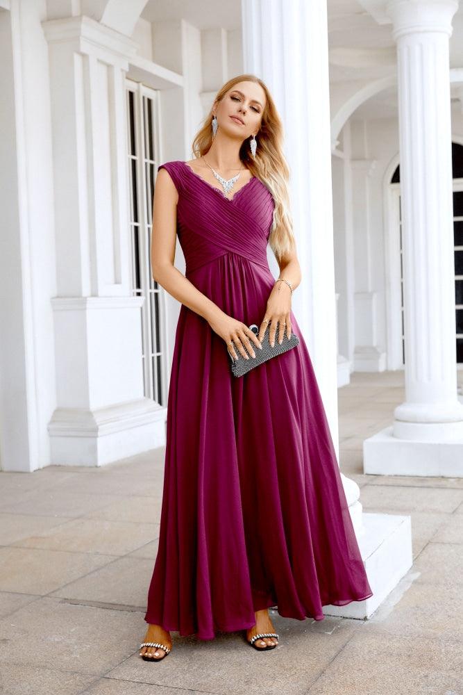Ladies Chiffon V Neck Sleeveless Floor Length Bridesmaid Evening Dress Wedding Party Evening Dress 28126-numbersea