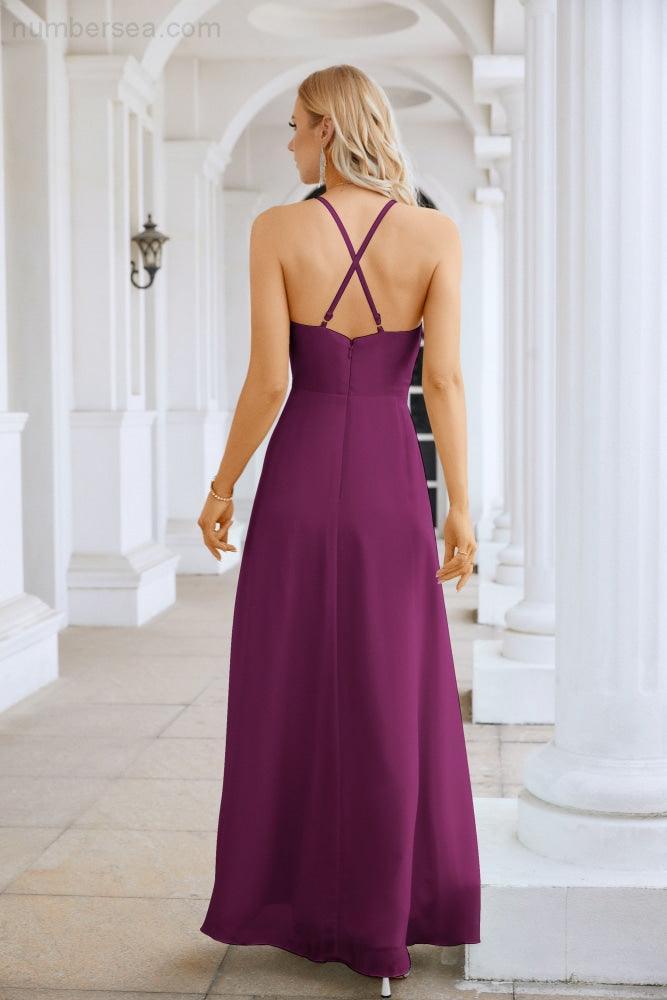 Ladies Chiffon Spaghetti Strap V Neck Front Slit Floor Length Bridesmaid Evening Dress Prom Party Wedding Evening Dress 28116-numbersea