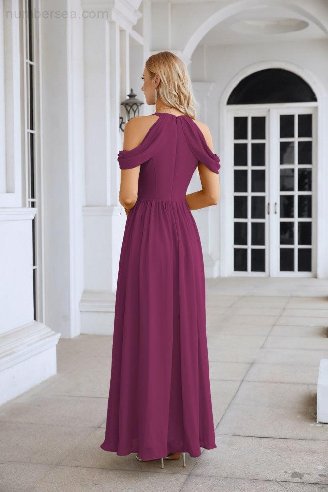 Ladies Chiffon Off Shoulder Swing Sleeve Front Slit Bridesmaid Evening Dress Wedding Party Evening Dress 28117-numbersea