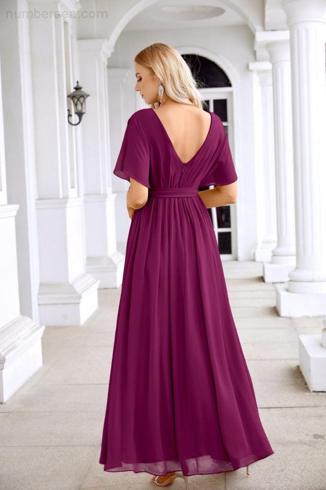 Ladies Chiffon Sleeve Crew Neck Front Slit Floor Length Bridesmaid Evening Dress Wedding Party Evening Dress 28124-numbersea