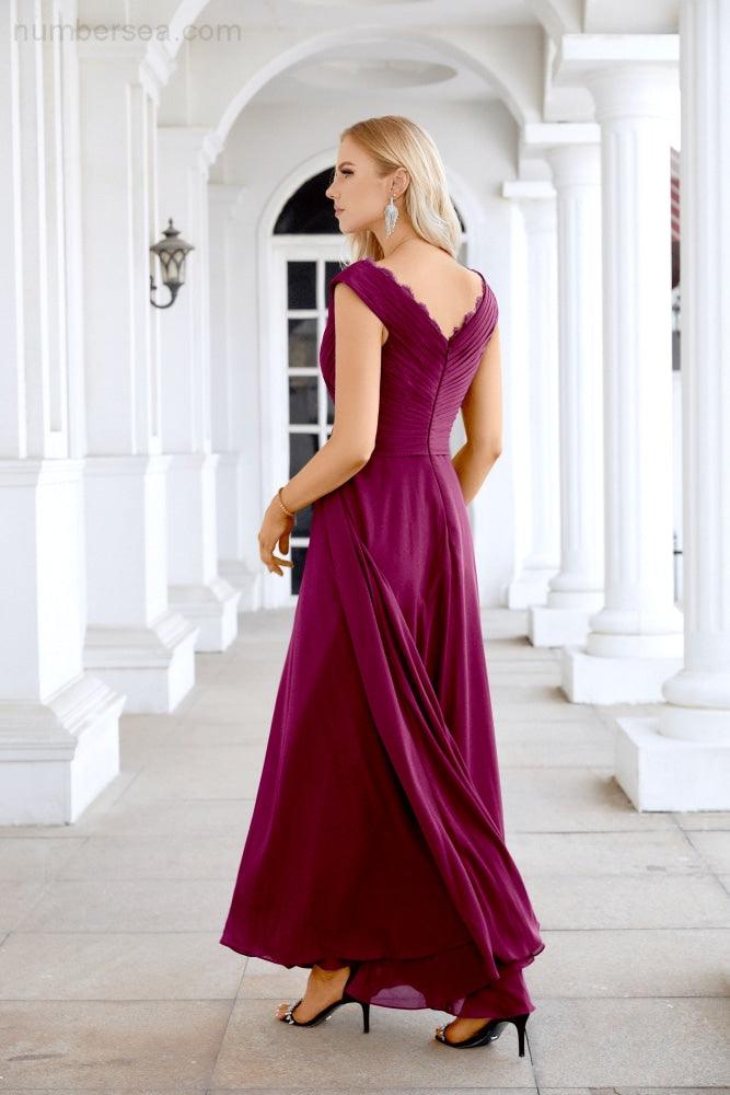Ladies Chiffon V Neck Sleeveless Floor Length Bridesmaid Evening Dress Wedding Party Evening Dress 28126-numbersea