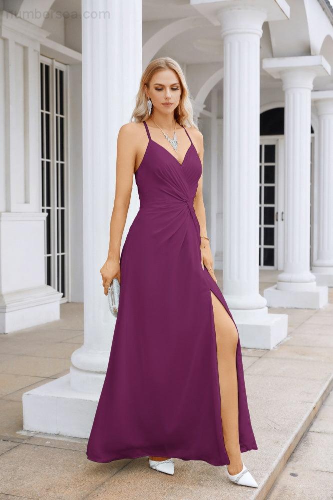 Ladies Chiffon Spaghetti Strap V Neck Front Slit Floor Length Bridesmaid Evening Dress Prom Party Wedding Evening Dress 28116-numbersea