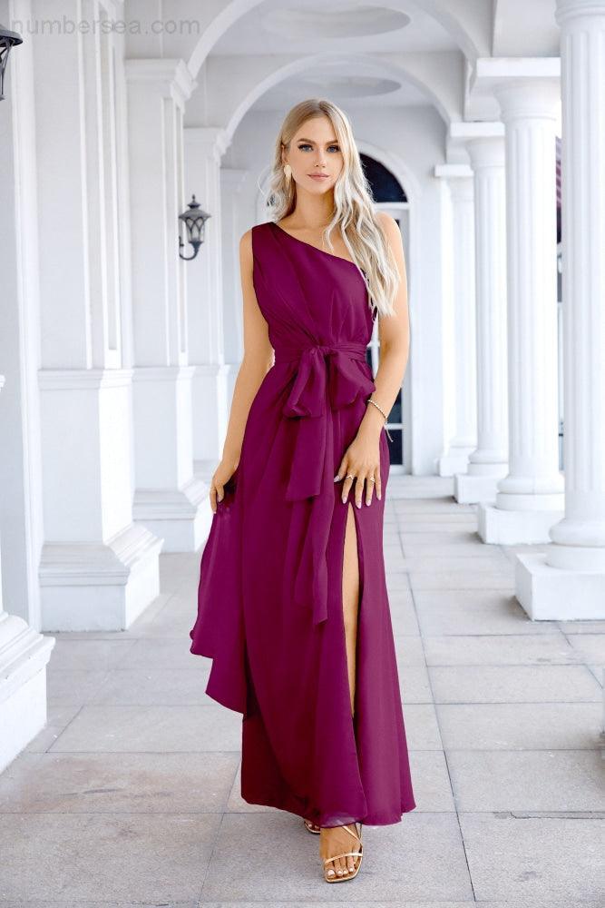 Ladies Chiffon One Shoulder Bridesmaid Evening Dress Wedding Party Evening Dress 28133-numbersea