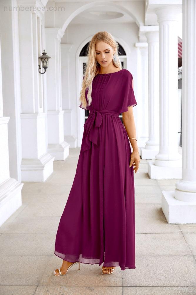 Ladies Chiffon Sleeve Crew Neck Front Slit Floor Length Bridesmaid Evening Dress Wedding Party Evening Dress 28124-numbersea