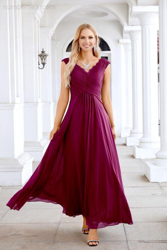 Ladies Chiffon V Neck Sleeveless Floor Length Bridesmaid Evening Dress Wedding Party Evening Dress 28126-numbersea