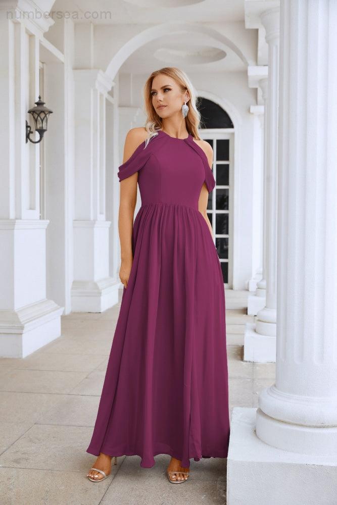 Ladies Chiffon Off Shoulder Swing Sleeve Front Slit Bridesmaid Evening Dress Wedding Party Evening Dress 28117-numbersea