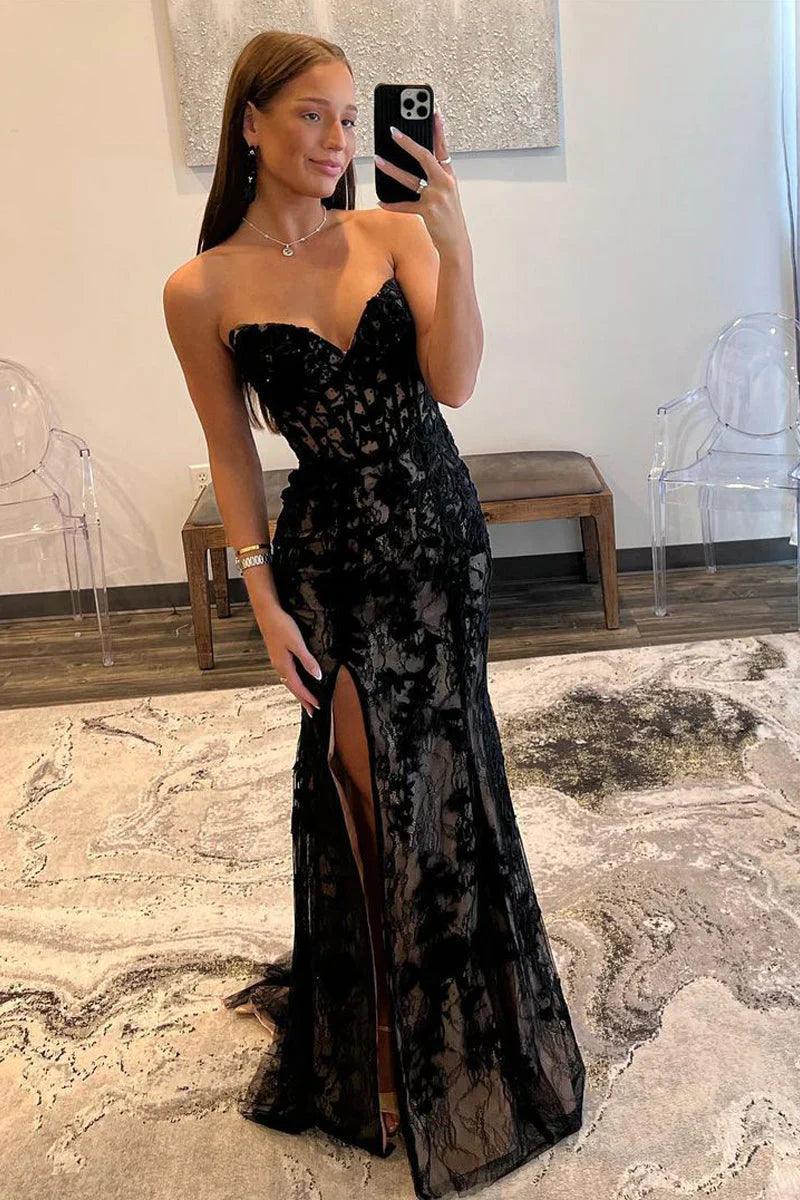 Vestido de fiesta sirena sin tirantes de encaje con abertura