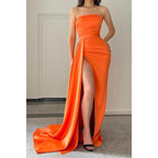 Strapless Satin Pleated Side Slit Long Prom Formal Dress