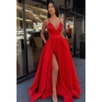 Vestido de noche largo de satén con tirantes finos y escote en V para graduación
