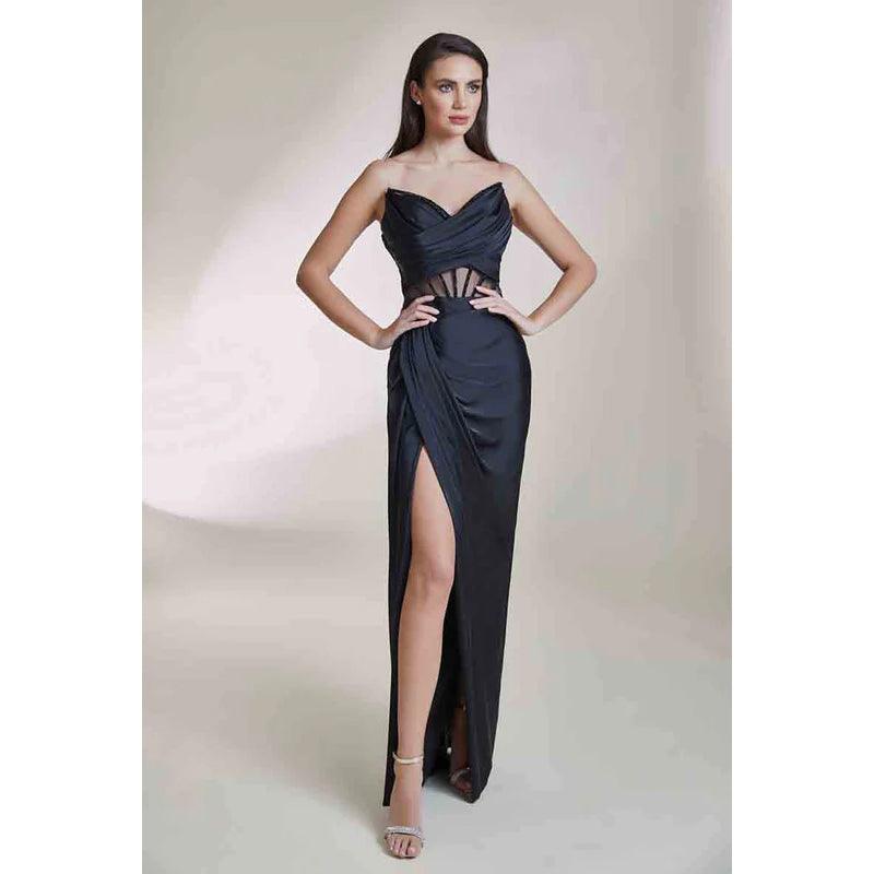 Vestido de noche largo de satén fruncido con cuentas, sin mangas y escote en V, sin tirantes