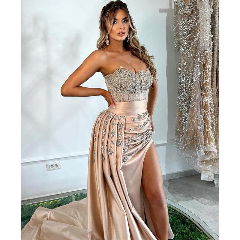 Vestido de noche formal de sirena con cuentas de lujo, único, sin tirantes y abertura 