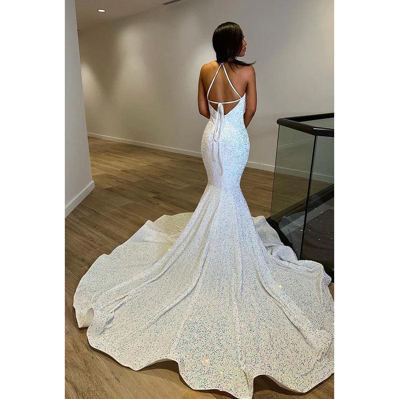 Vestido formal de noche de graduación con escote en V, sin mangas, espalda descubierta y lentejuelas, corte trompeta/sirena
