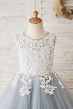 Vestido de niña de las flores azul hasta el suelo con tul y encaje 