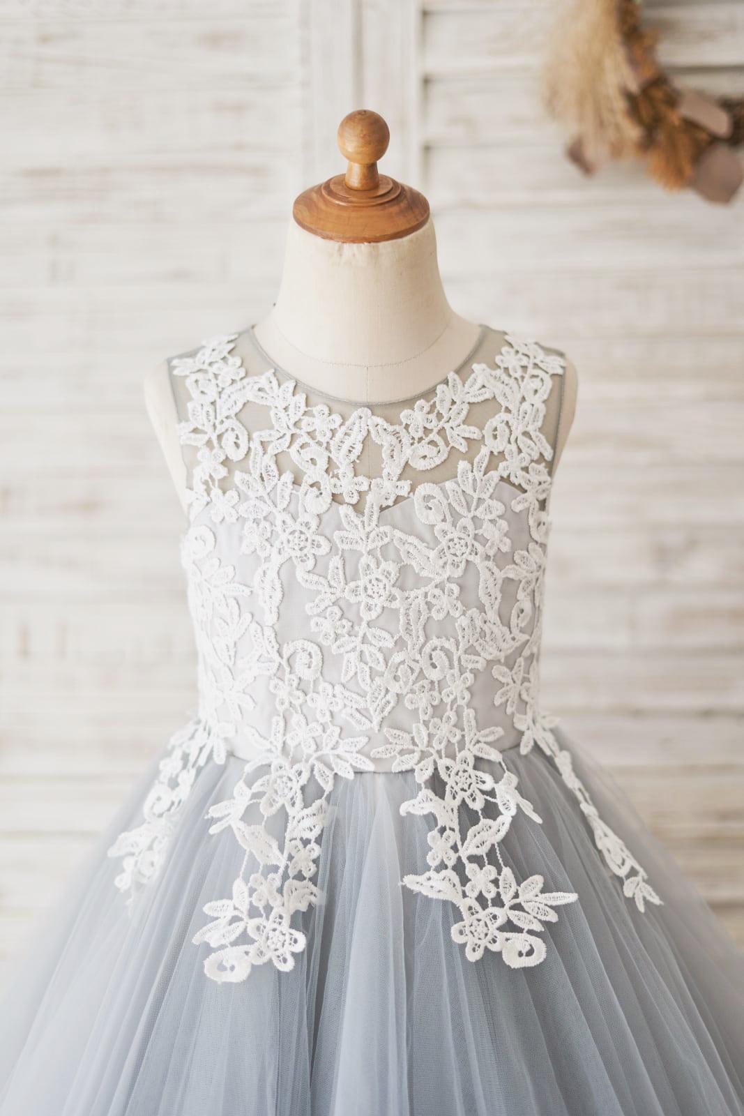 Vestido de niña de las flores azul hasta el suelo con tul y encaje 