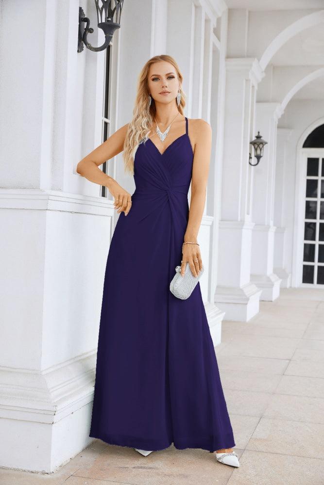 Ladies Chiffon Spaghetti Strap V Neck Front Slit Floor Length Bridesmaid Evening Dress Prom Party Wedding Evening Dress 28116-numbersea