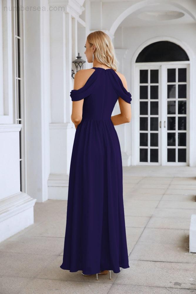 Ladies Chiffon Off Shoulder Swing Sleeve Front Slit Bridesmaid Evening Dress Wedding Party Evening Dress 28117-numbersea