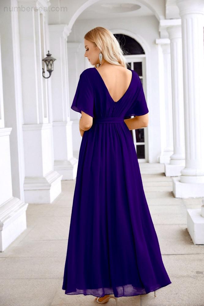 Ladies Chiffon Sleeve Crew Neck Front Slit Floor Length Bridesmaid Evening Dress Wedding Party Evening Dress 28124-numbersea