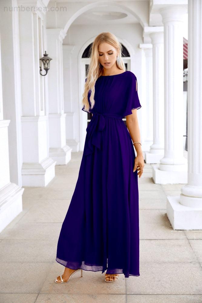 Ladies Chiffon Sleeve Crew Neck Front Slit Floor Length Bridesmaid Evening Dress Wedding Party Evening Dress 28124-numbersea