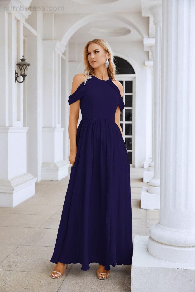 Ladies Chiffon Off Shoulder Swing Sleeve Front Slit Bridesmaid Evening Dress Wedding Party Evening Dress 28117-numbersea