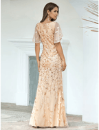 Mermaid / Trumpet Evening Gown Sparkle Dress Wedding Guest Floor Length Short Sleeve V Neck Tulle with Sequin