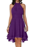 Vestido de fiesta elegante con capas, de gasa, sin mangas, hasta la rodilla, con escote en V y espalda en V para invitados de boda