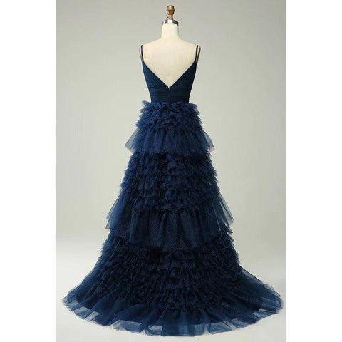 V-Neck Spaghetti Straps Ruched Tulle A-Line Long Homecoming Court Dress