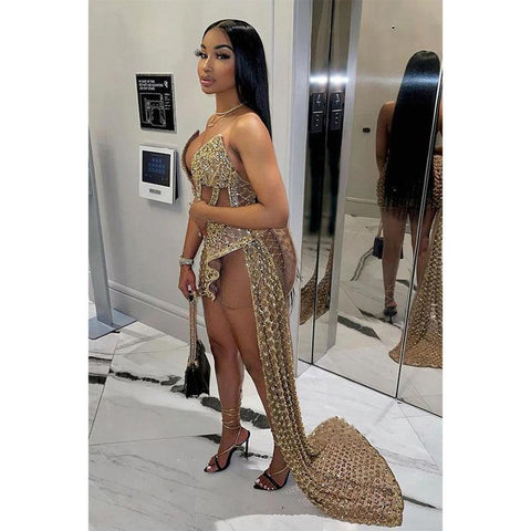 Sexy V-neck Heavy Beads Long Prom Dress for Black Girls Slay