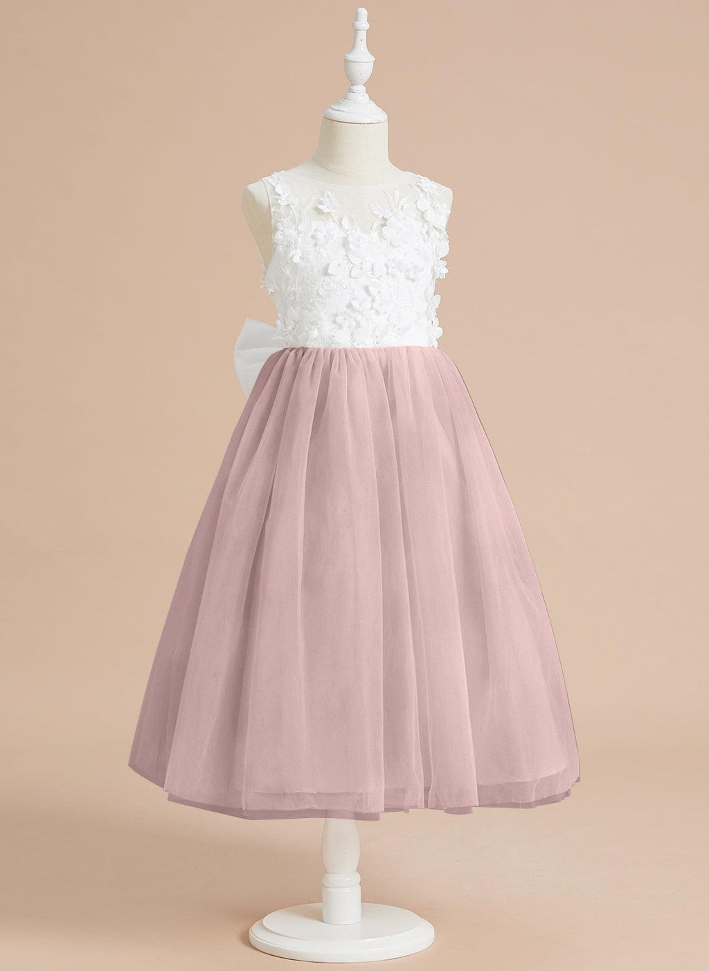 Vestido largo hasta la rodilla con encaje floral y lazo grande 